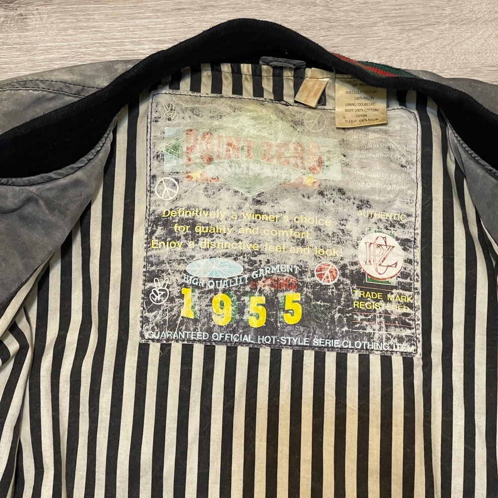 Point Zero Grey Body Green Sleeve Varsity Jacket with Embroidered Back - Picture 4 of 4